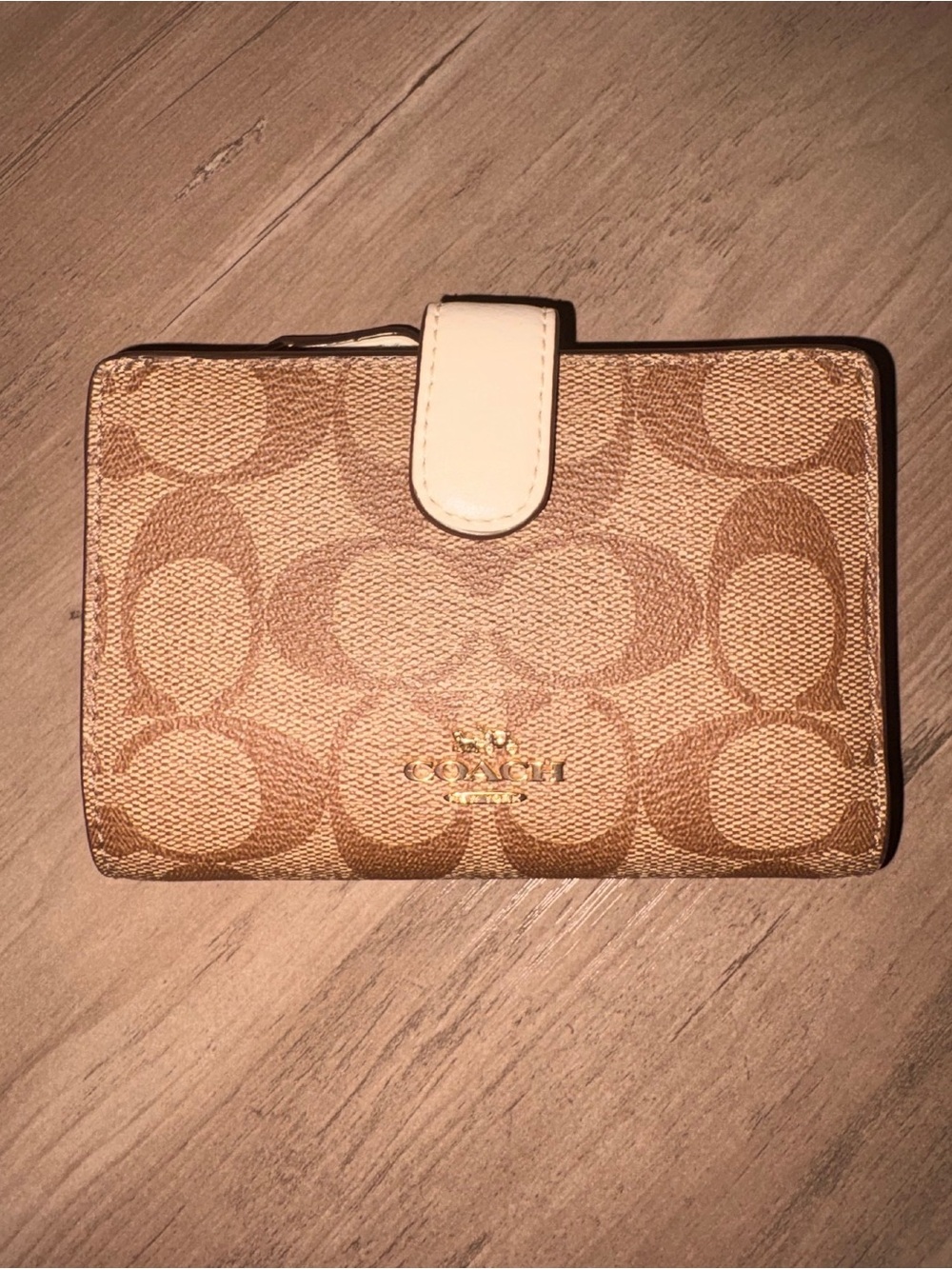 Coach Tan Signature Canvas Wallet with White Snap